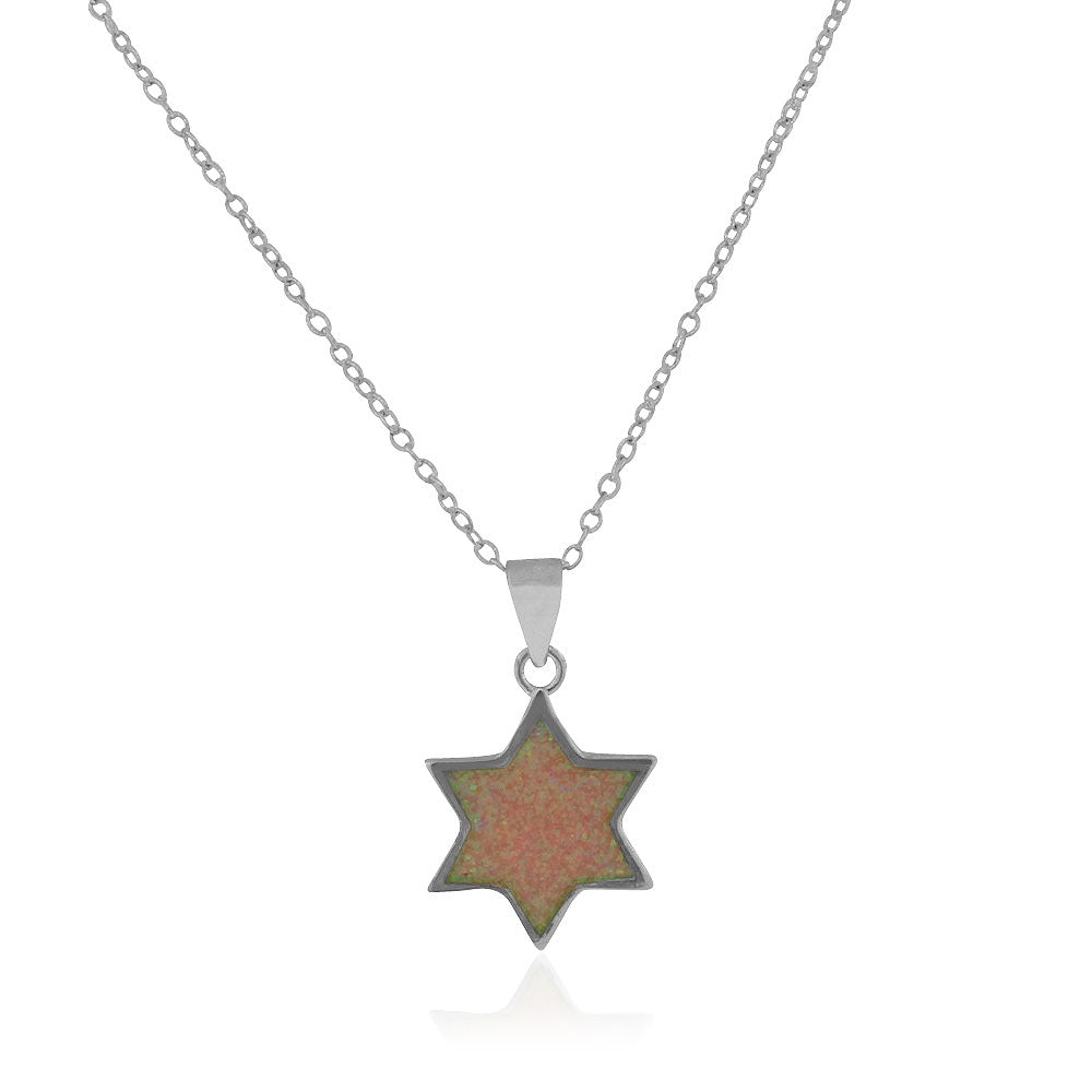 925 Sterling Silver Pink Simulated Opal Jewish Star of David Pendant Necklace