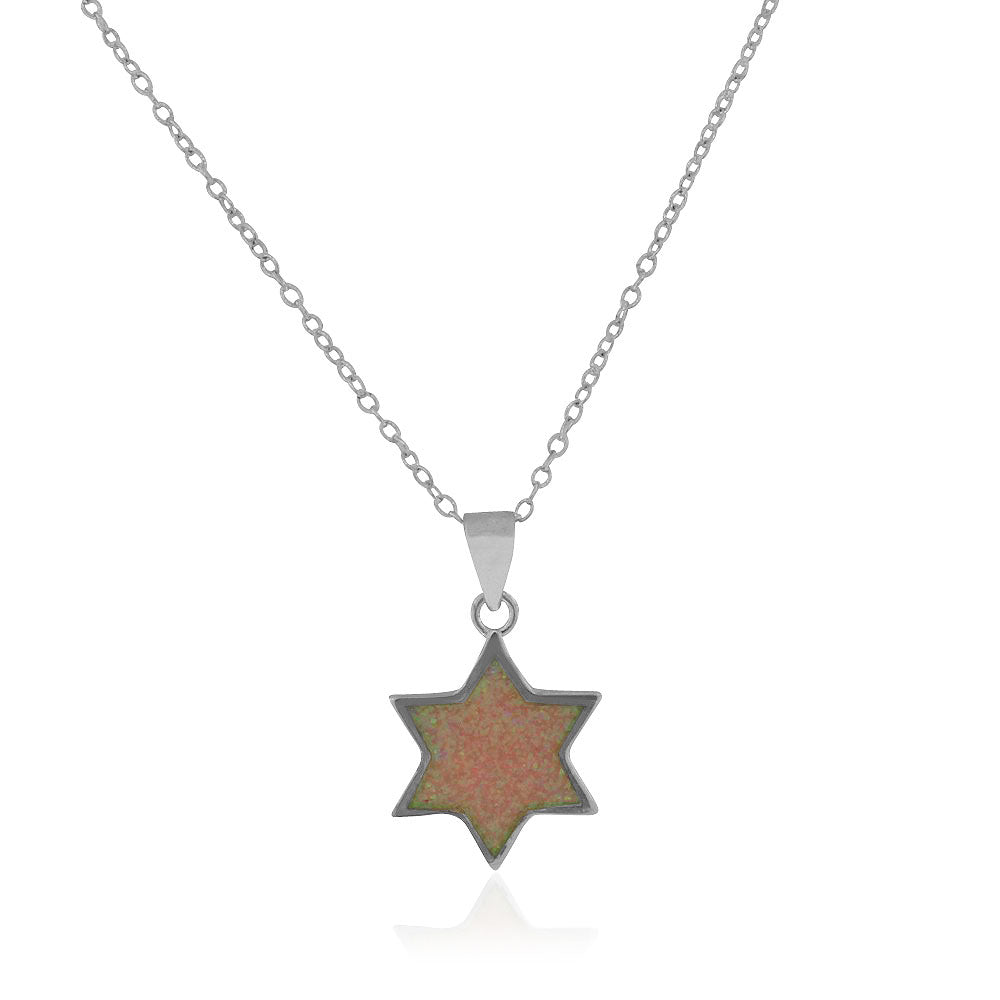 Pink Opal Sterling Silver Jewish Star of David  Necklace