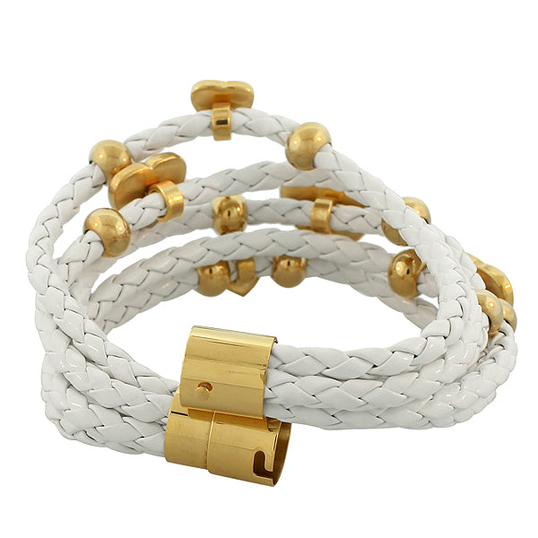 Fashion Alloy White Faux PU Leather Yellow Gold-Tone CZ Love Heart Multi-Row Layer Bracelet