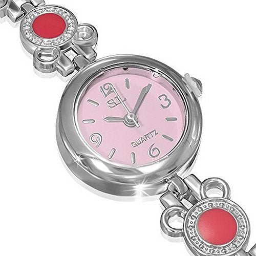 Fashion Alloy Circle White Pink Dial Round Face CZ Womens Bracelet Watch