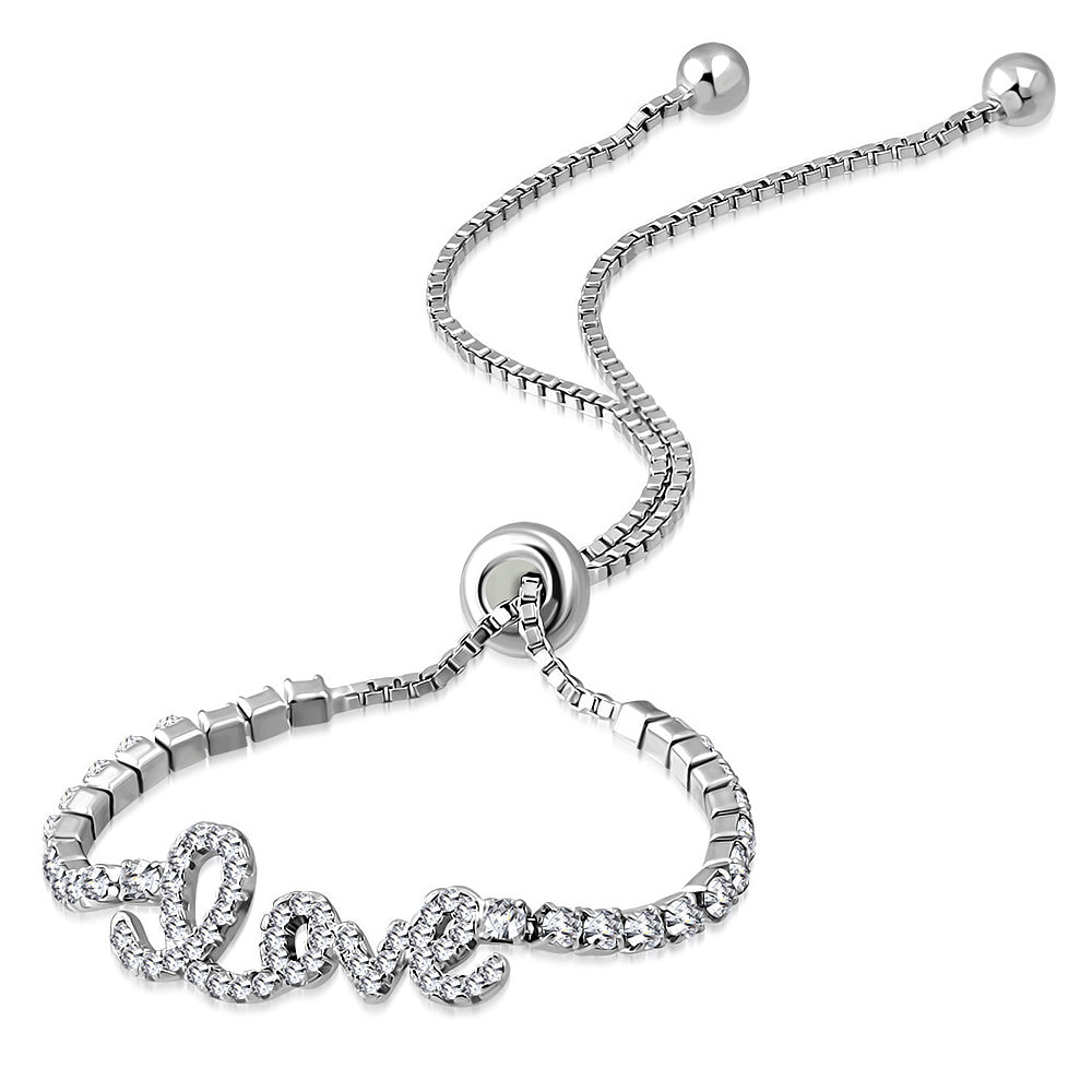 925 Sterling Silver Clear CZ Love Heart Adjustable Bracelet