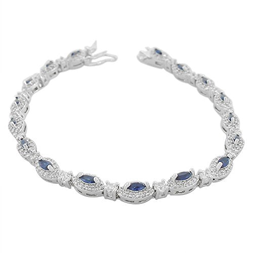 925 Sterling Silver Marquise White Blue Sapphire-Tone CZ Classic Tennis Bracelet