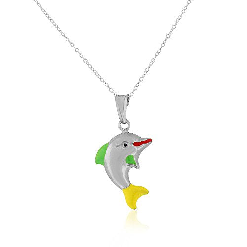 925 Sterling Silver 3D Green Yellow Enamel Dolphin Charm Pendant Necklace