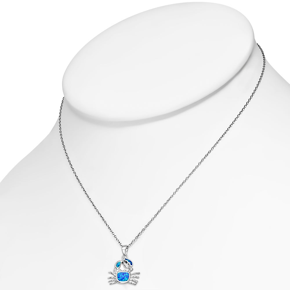 925 Sterling Silver Simulated Blue Opal Crab Marine Pendant Necklace