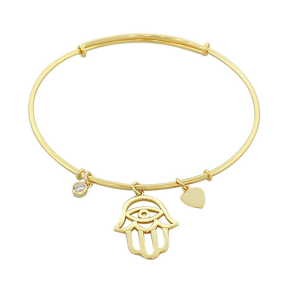 925 Sterling Silver Yellow Gold-Tone Hamsa Evil Eye Love Heart Bangle Bracelet with Clasp