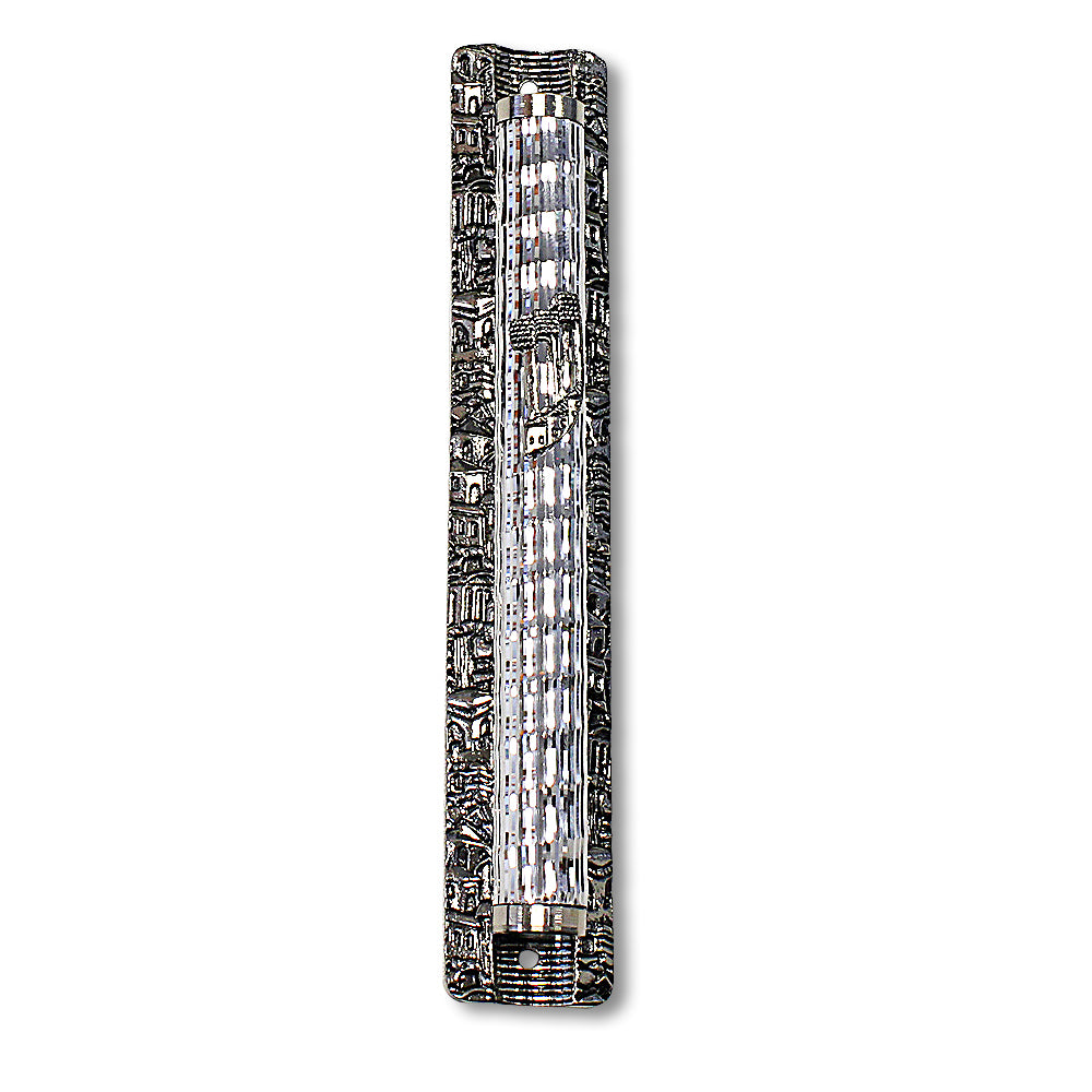 Metal Gray Silver-Tone Pattern Classic Mezuzah Case, 6.5" - Made in Israel