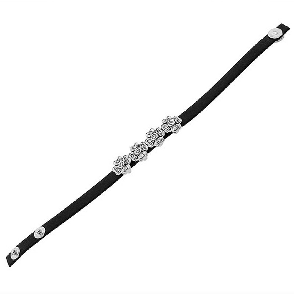 Fashion Alloy Black Leather Silver-Tone White CZ Flowers Floral Design Wristband Adjustable Bracelet