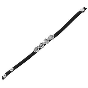 Fashion Alloy Black Leather Silver-Tone White CZ Flowers Floral Design Wristband Adjustable Bracelet