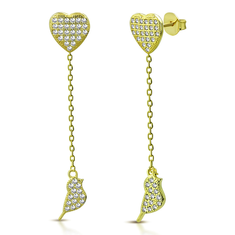 925 Sterling Silver White Clear CZ Love Heart Bird Lovebird Dangle Drop Earrings, 1.85"