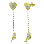 925 Sterling Silver White Clear CZ Love Heart Bird Lovebird Dangle Drop Earrings, 1.85"