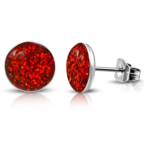 Stainless Steel Pink Glitter Round Stud Earrings