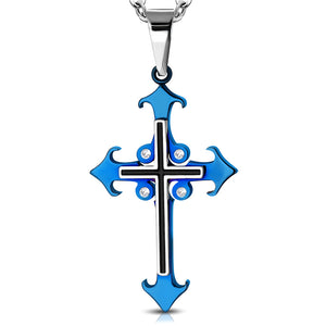 Stainless Steel Black Blue White Clear CZ Religious Latin Cross Pendant Necklace