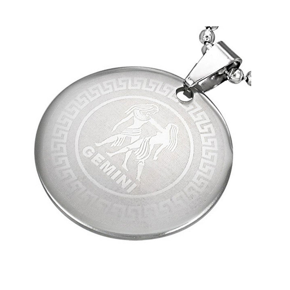 Stainless Steel Silver-Tone Greek Key Zodiac Sign Necklace Pendant - Gemini