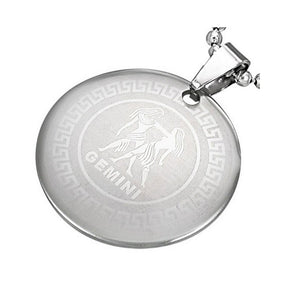 Stainless Steel Silver-Tone Greek Key Zodiac Sign Necklace Pendant - Gemini