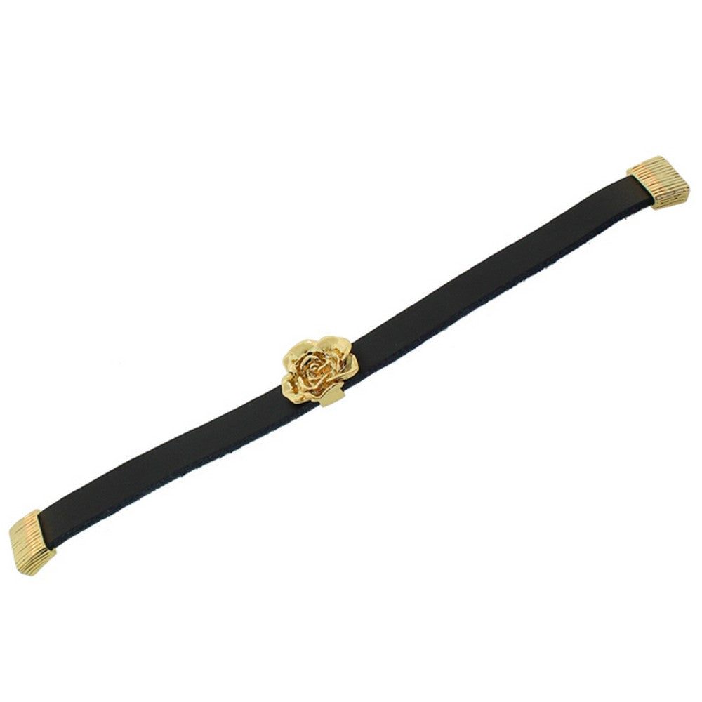 Fashion Alloy Black Leather Yellow Gold-Tone Flowers Floral Design Wristband Wrap Bracelet