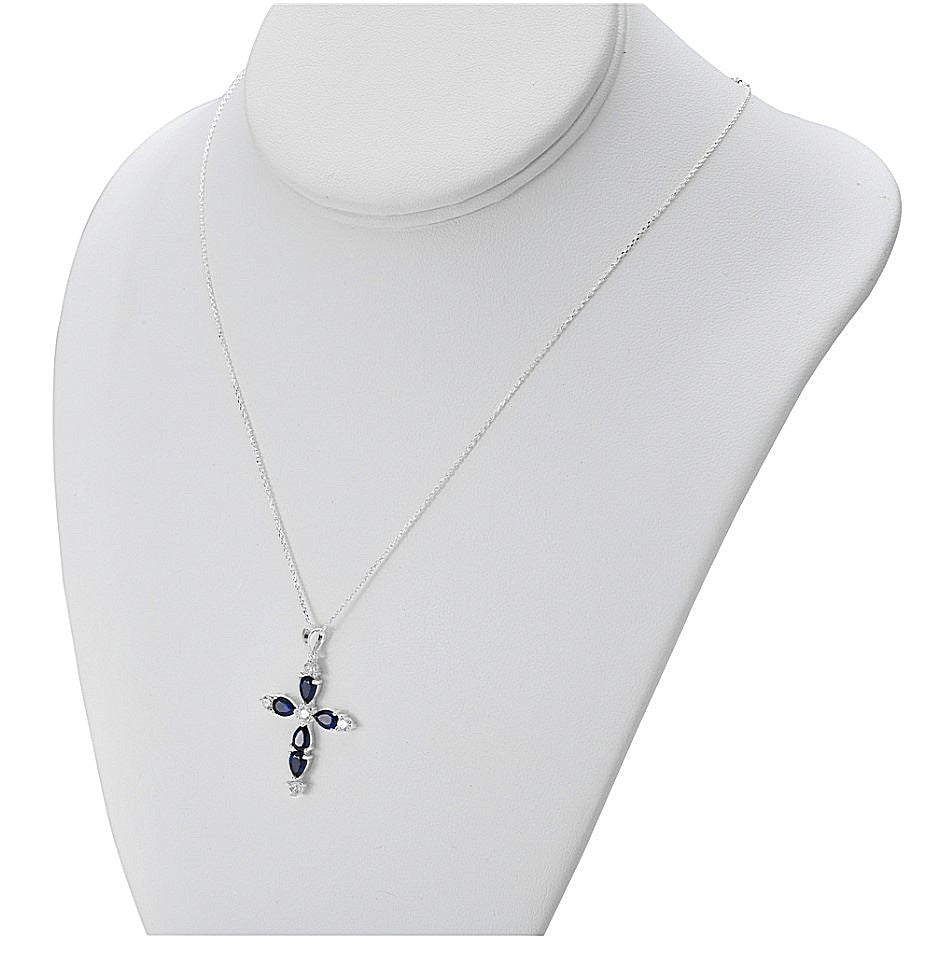 My Daily Styles 925 Sterling Silver Cross with Created Sapphire and CZ Stones Pendant Necklace- Adjustable Chain 16"-18"