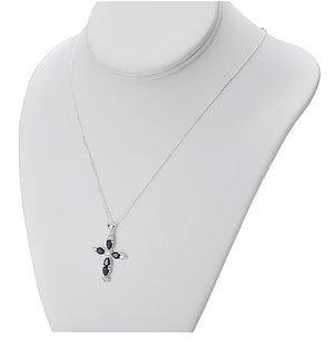 My Daily Styles 925 Sterling Silver Cross with Created Sapphire and CZ Stones Pendant Necklace- Adjustable Chain 16"-18"