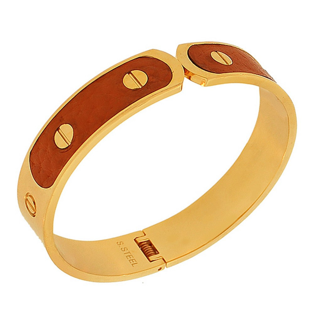 Stainless Steel Brown Faux PU Leather Yellow Gold-Tone Cuff Bracelet