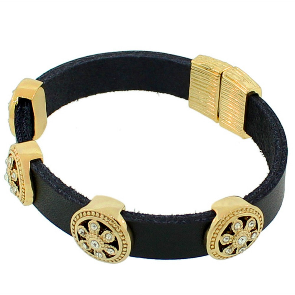 Fashion Alloy Black Leather Yellow Gold-Tone White CZ Wristband Adjustable Bracelet