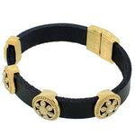 Fashion Alloy Black Leather Yellow Gold-Tone White CZ Wristband Adjustable Bracelet