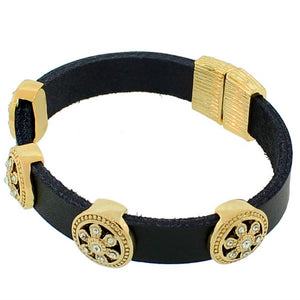 Fashion Alloy Black Leather Yellow Gold-Tone White CZ Wristband Adjustable Bracelet