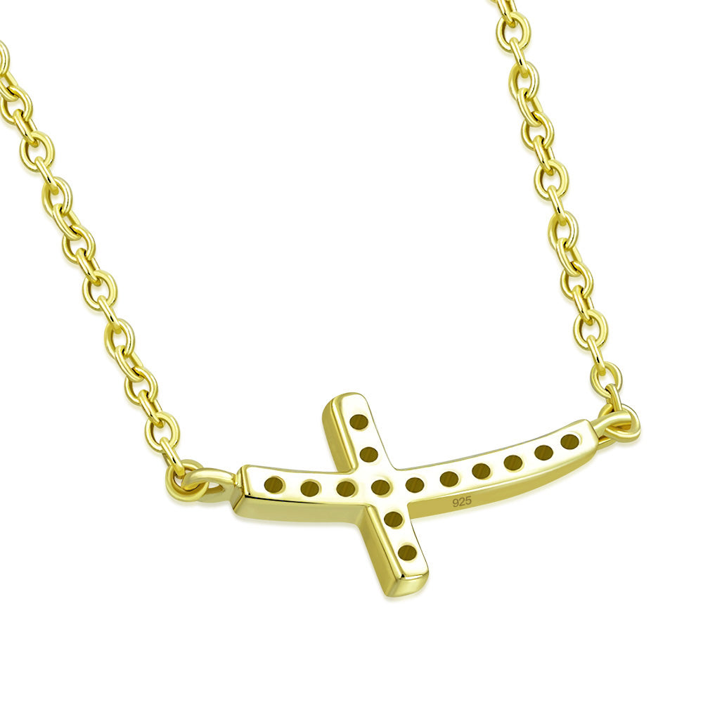 925 Sterling Silver Womens Sideways Religious Cross White CZ Pendant Necklace