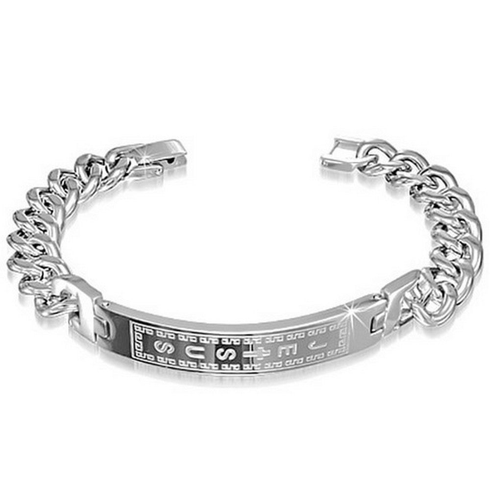 Stainless Steel Silver-Tone Mens Religious Jesus Link Chain Bracelet