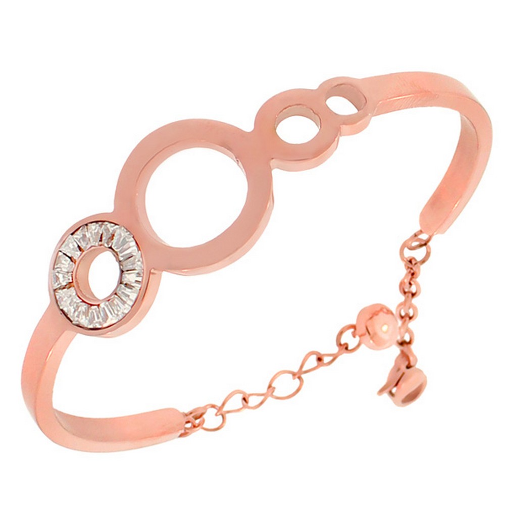 Stainless Steel Baguette White CZ Rose Gold-Tone Adjustable Bangle Bracelet