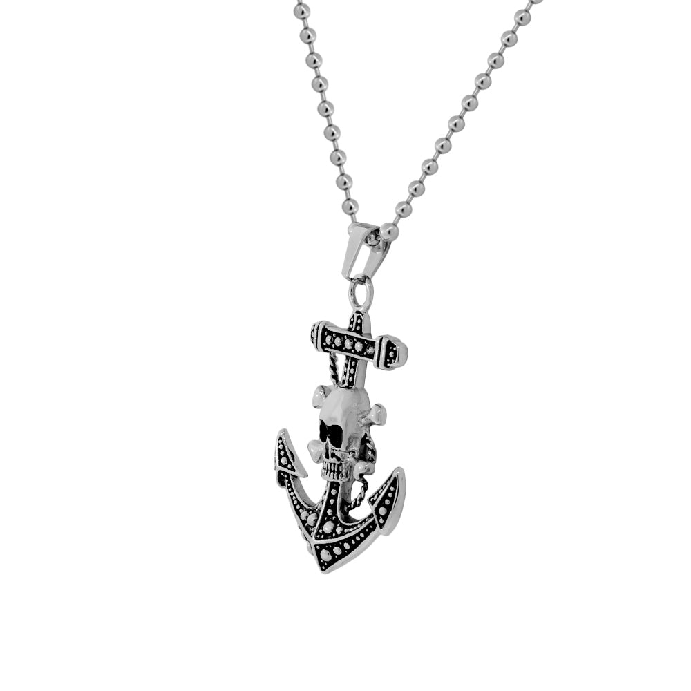 Stainless Steel Large Anchor Pirate Skull Crossbones Mens Pendant Necklace