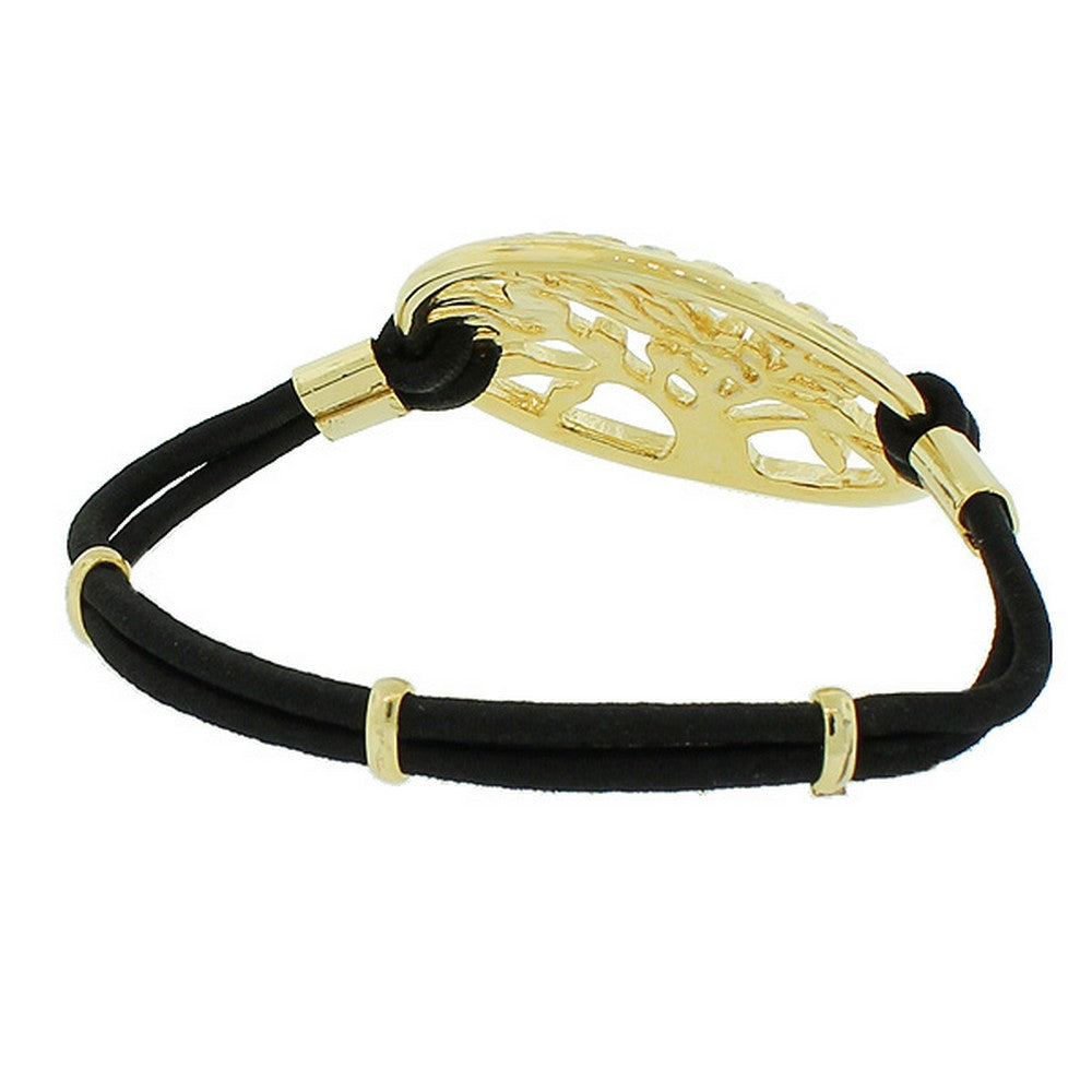 Fashion Yellow Gold-Tone Tree of Life Charm Black Stretch Bracelet