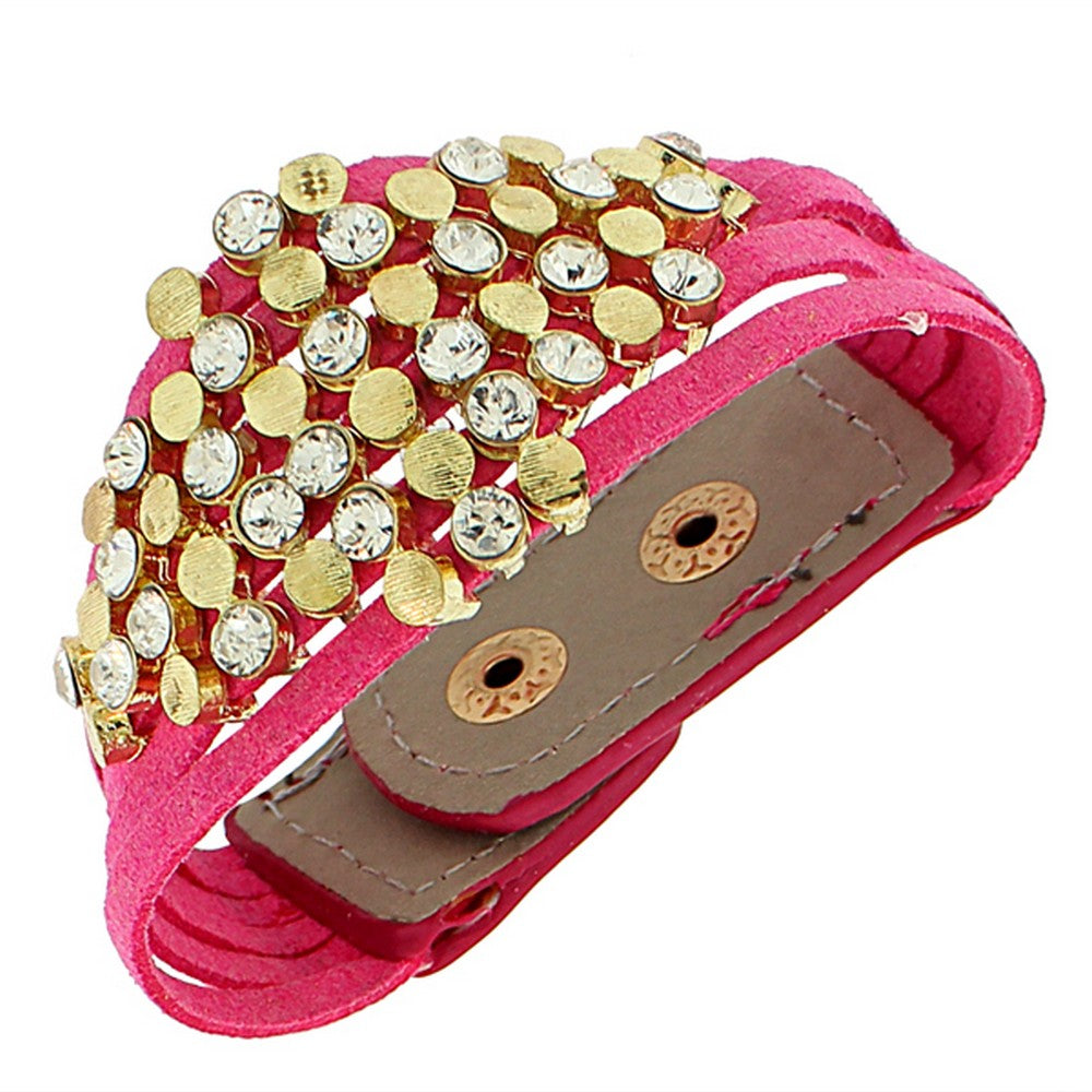 Faux Pink Suede Leather Yellow Gold-Tone White CZ Wristband Wrap Bracelet