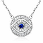 925 Sterling Silver White Blue CZ Round Hamsa Evil Eye Womens Pendant Necklace