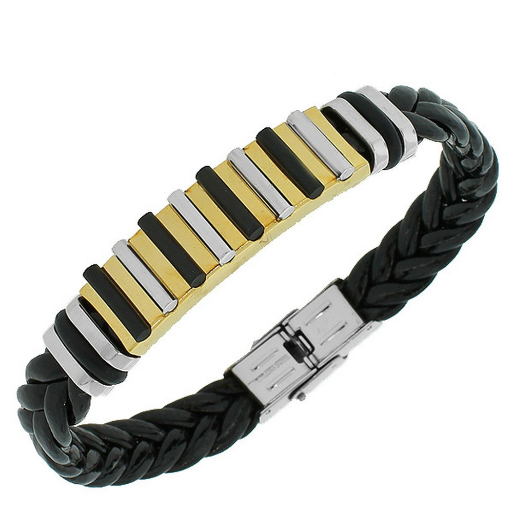 Stainless Steel Black Rubber Silicone Two-Tone Men's Bracelet