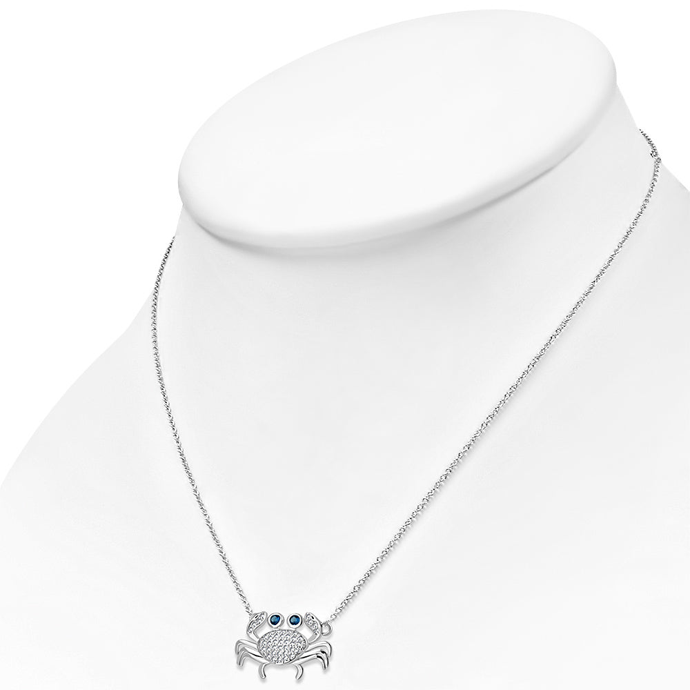925 Sterling Silver White Clear Blue CZ Crab Pendant Necklace