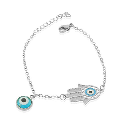 Stainless Steel Yellow Gold-Tone Hamsa Evil Eye Protection Link Chain Bracelet