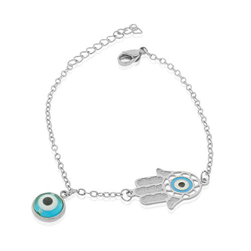 Stainless Steel Silver-Tone Multicolor Evil Eye Protection Link Chain Bracelet, 8"