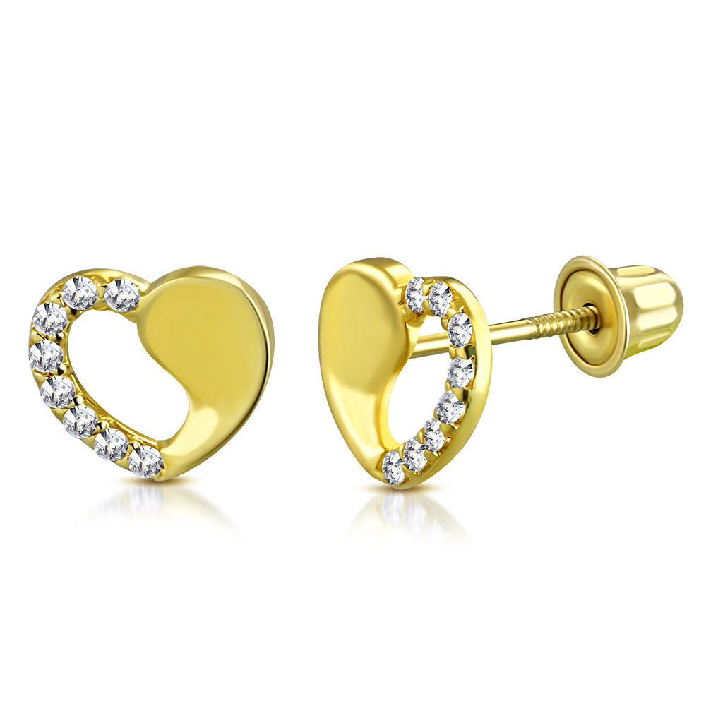 14K Yellow Gold Love Heart CZ Small Girls Stud Earrings