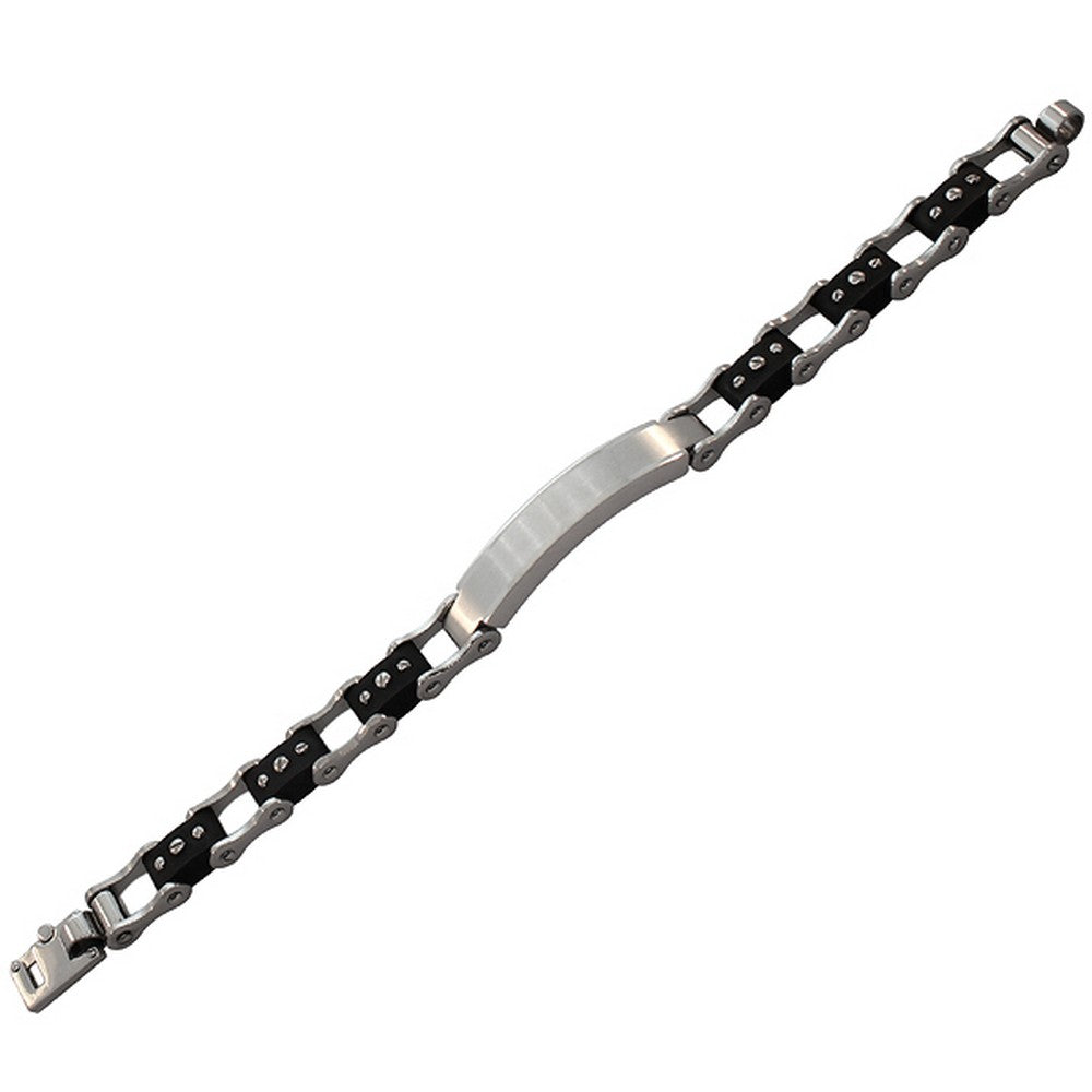 Stainless Steel Black Rubber Silicone Silver-Tone Polished Matte Men's Link Chain Bracelet