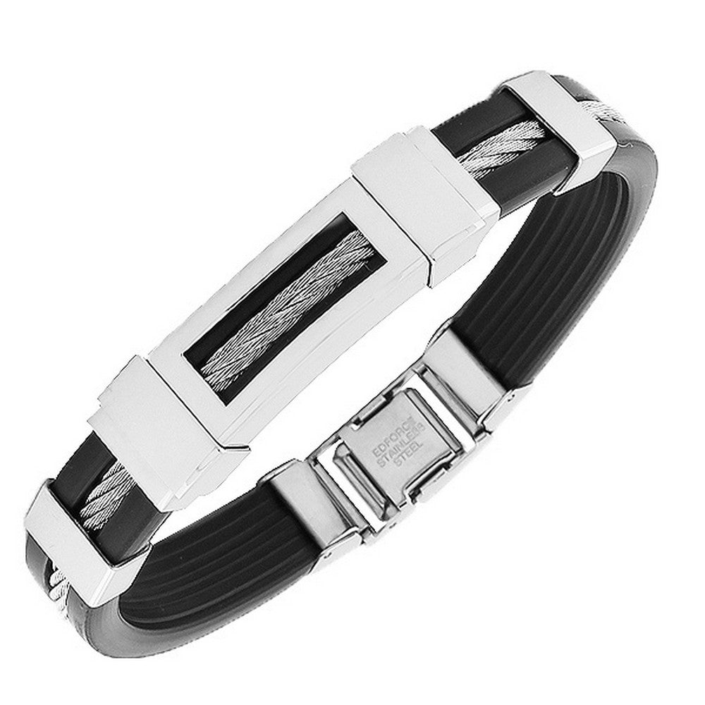 Stainless Steel Black Rubber Silicone Silver-Tone Twisted Cable Rope Bracelet