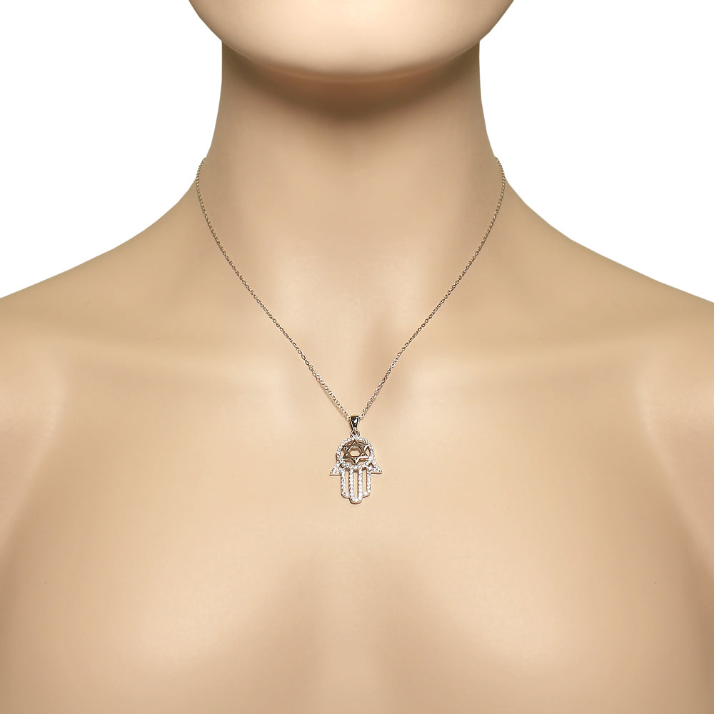925 Sterling Silver Womens Hamsa Star of David White CZ Pendant Necklace