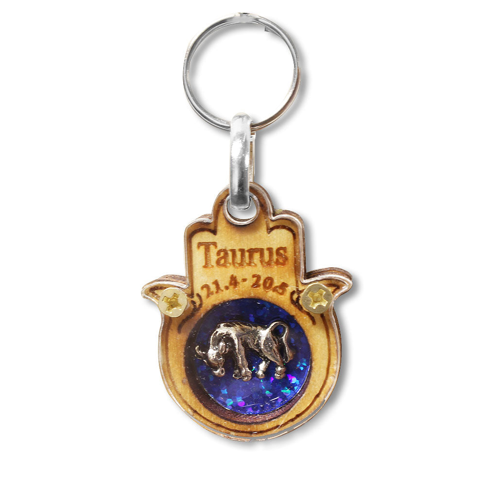 Wooden Good Luck Hamsa Hand Key Chain Keychain Zodiac Sign - Taurus - Made in Israel