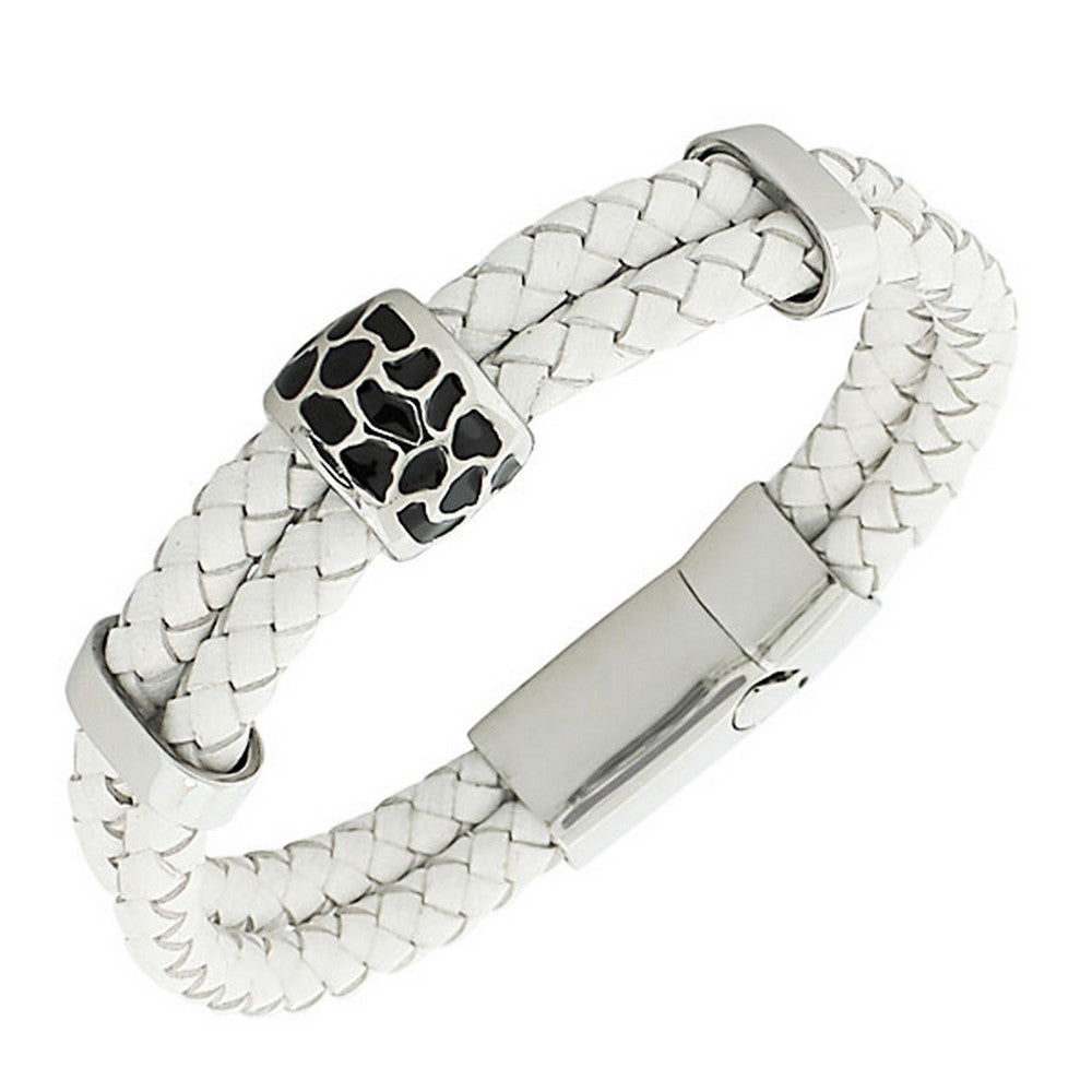 White PU Leather Braided Silver-Tone Black Enamel Wristband Womens Bracelet