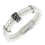 White PU Leather Braided Silver-Tone Black Enamel Wristband Womens Bracelet