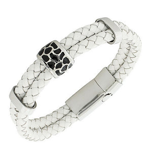 White PU Leather Braided Silver-Tone Black Enamel Wristband Womens Bracelet