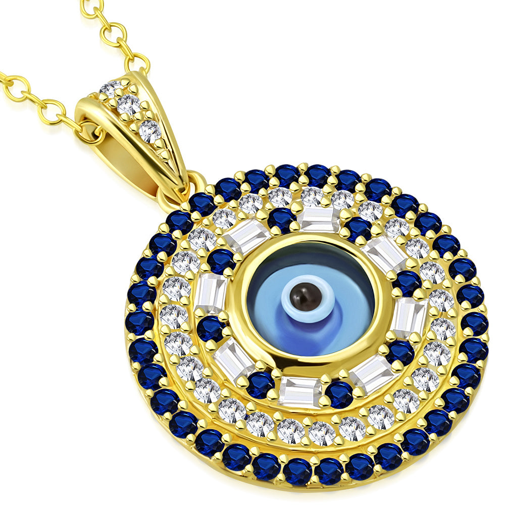925 Sterling Silver White Blue CZ Evil Eye Protection Pendant Necklace