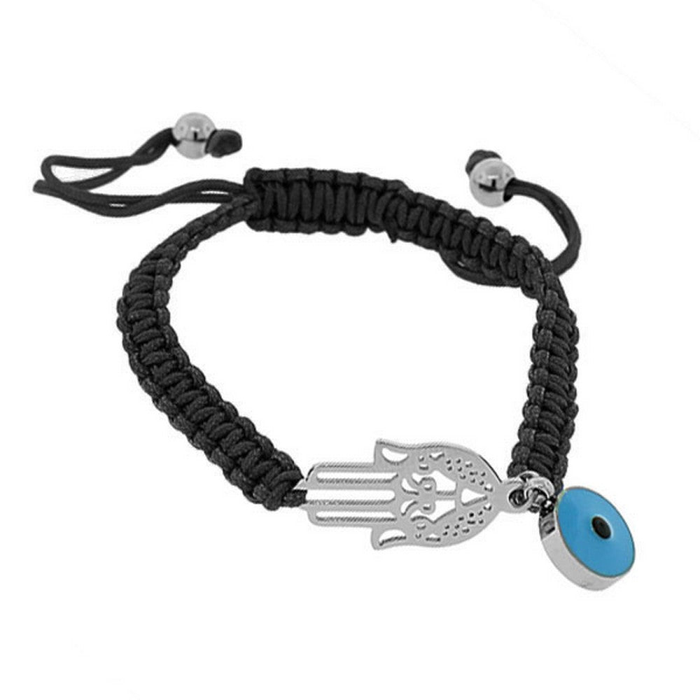 Stainless Steel Blue Silver-Tone Hamsa Evil Eye Macrame Beaded Adjustable Bracelet
