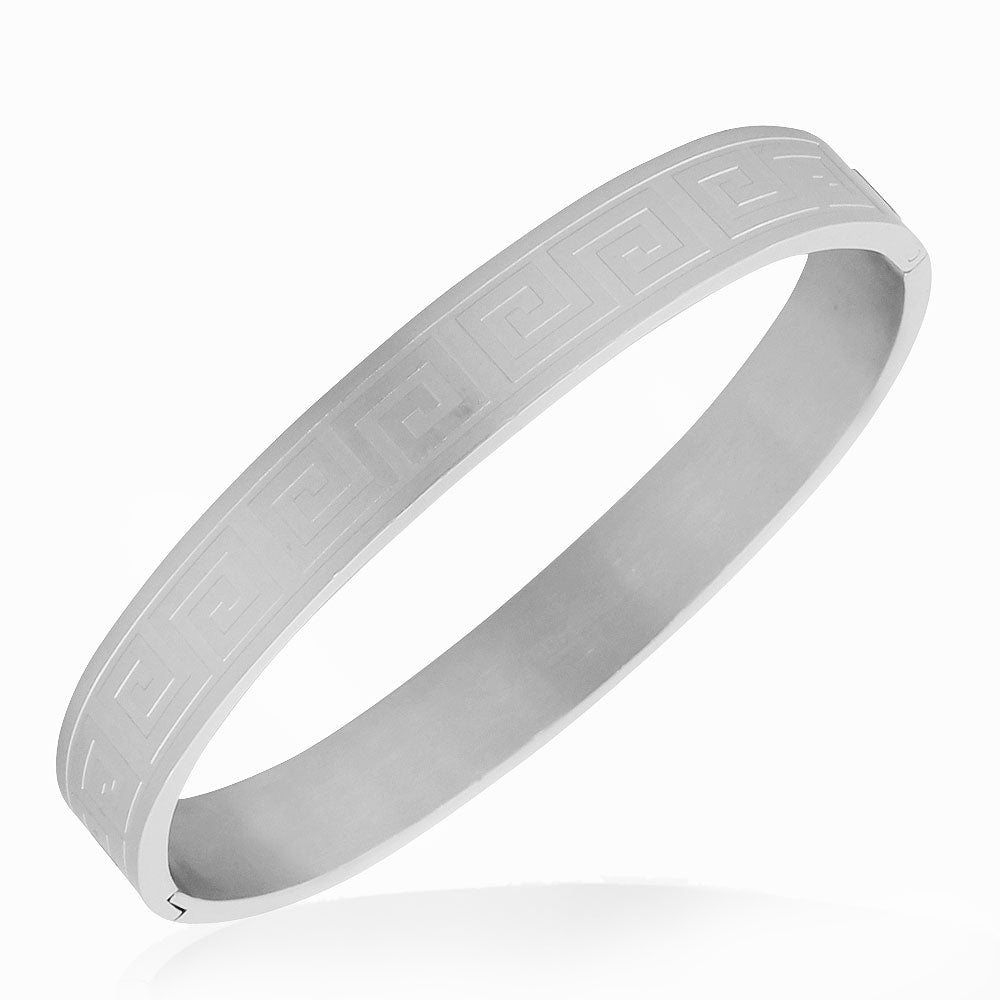Stainless Steel Silver-Tone Greek Key Oval-Shaped Bangle Bracelet