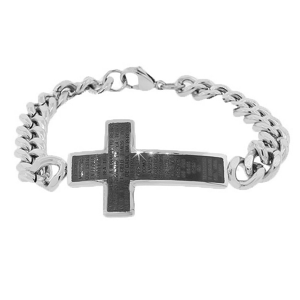 Stainless Steel Black Silver-Tone Religious Cross Lord's Prayer Men's Chain Bracelet