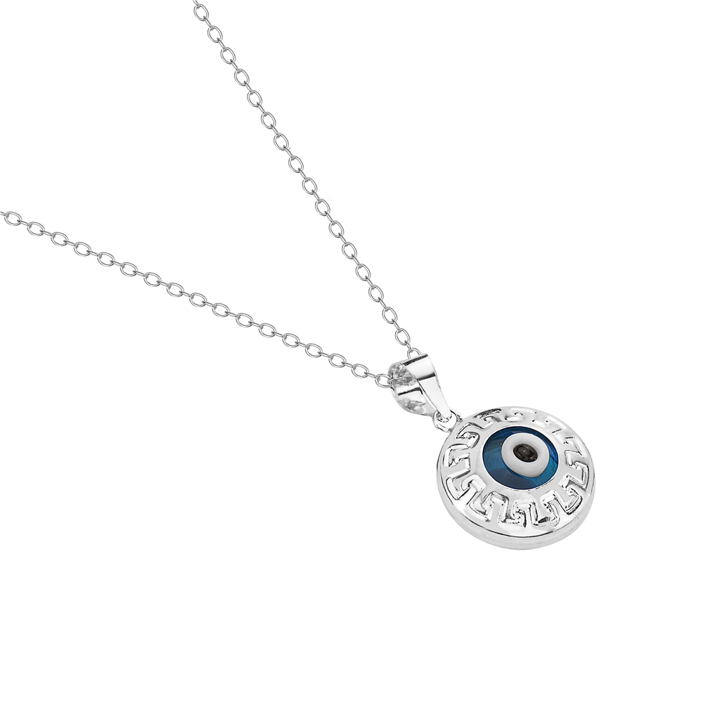 Greek Key Two Sided Evil Eye Necklace Sterling Silver