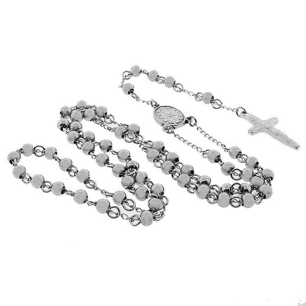 Stainless Steel Silver-Tone Beads Religious Cross Rosary Necklace
